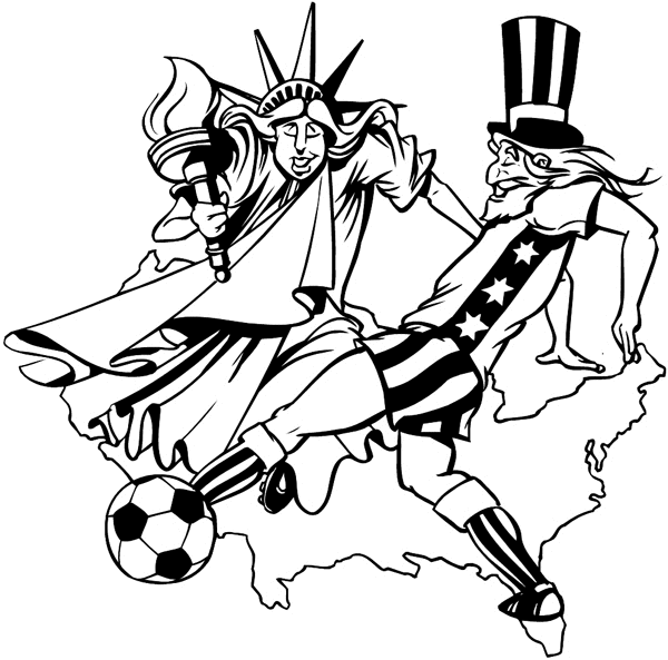 Uncle Sam and Statue of Liberty playing soccer vinyl sticker. Customize on line. Sports 085-0930